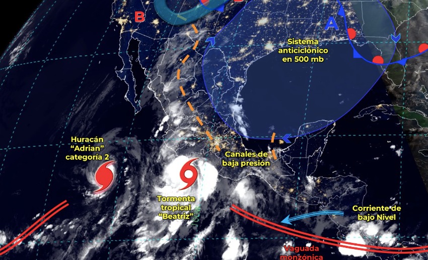 Mapa de México con Huracán Adrián categoría 2, Tormenta Tropical Beatriz, Corriente de bajo nivel y Canales de baja presión