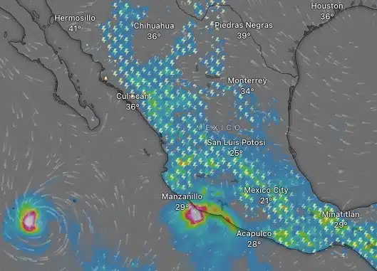 Mapa de México con un poco de color azul que muestra las lluvias