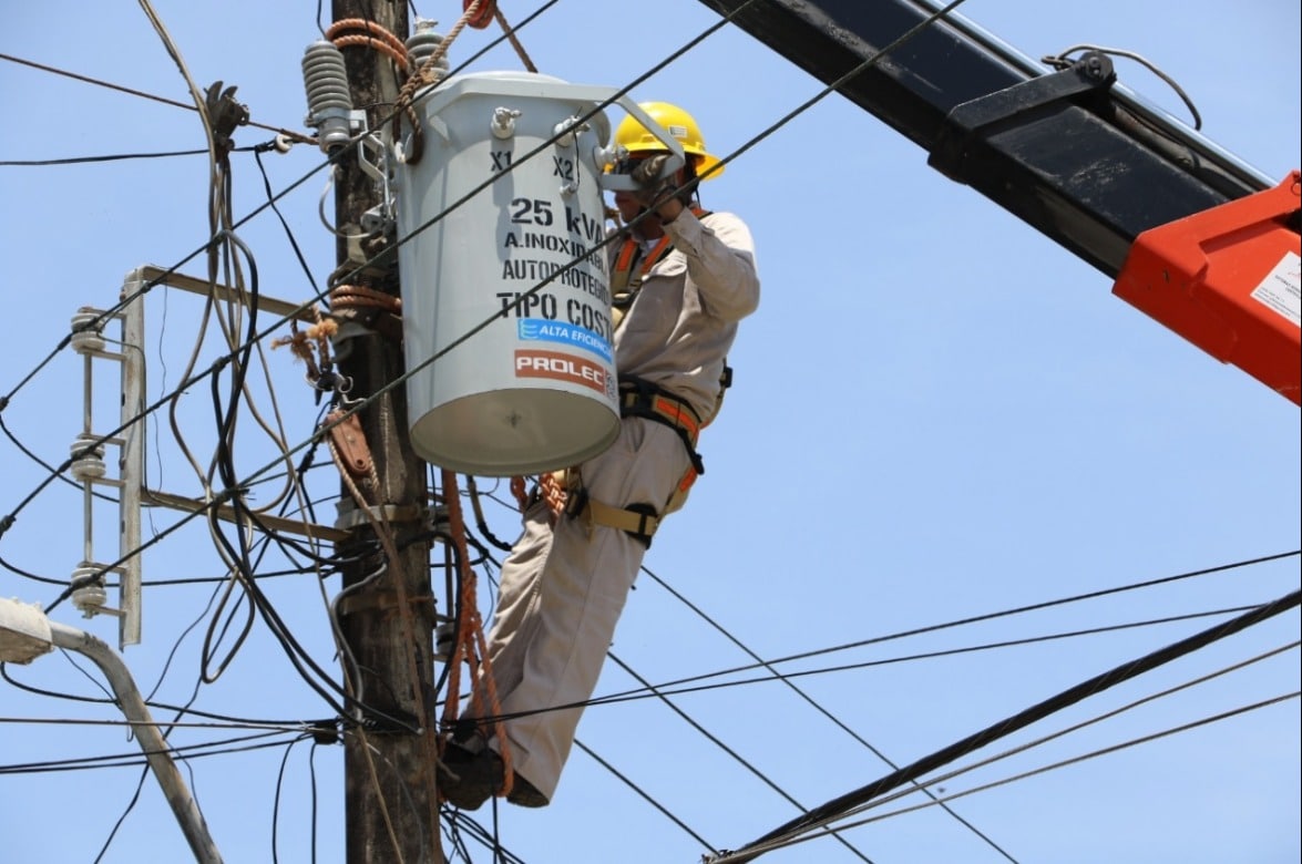 Empleado de la CFE trabaja en poste de electricidad