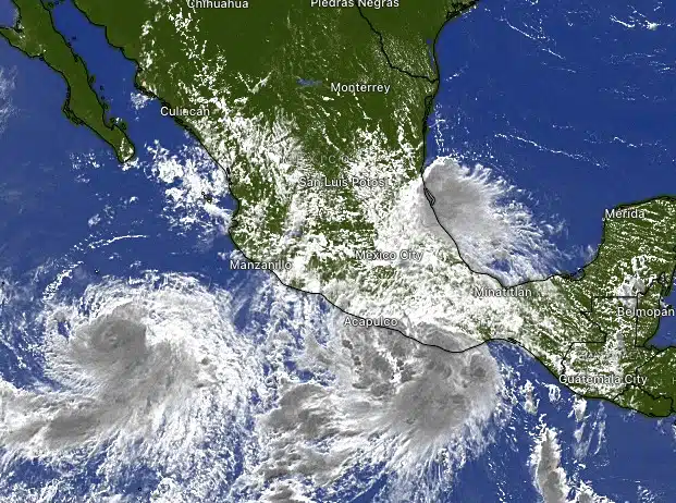 Un huracán y una depresión tropical en el Océano Pacífico y el mapa de la República Mexicana