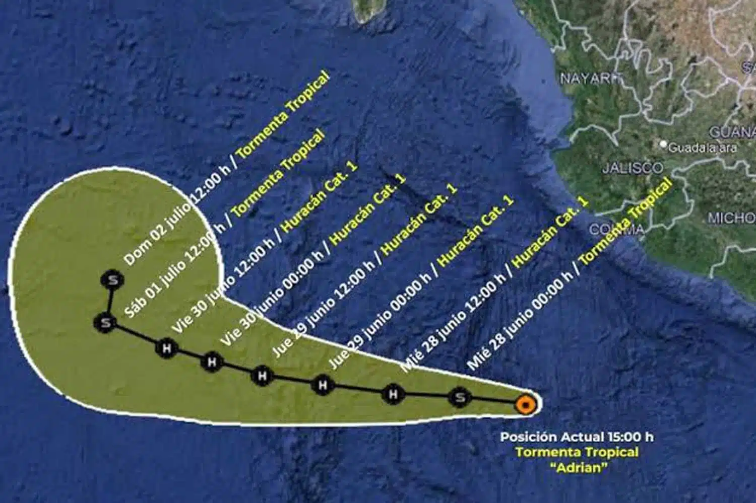 Adrian evolucionó a huracán categoría 1 de acuerdo con la escala de vientos de huracanes
