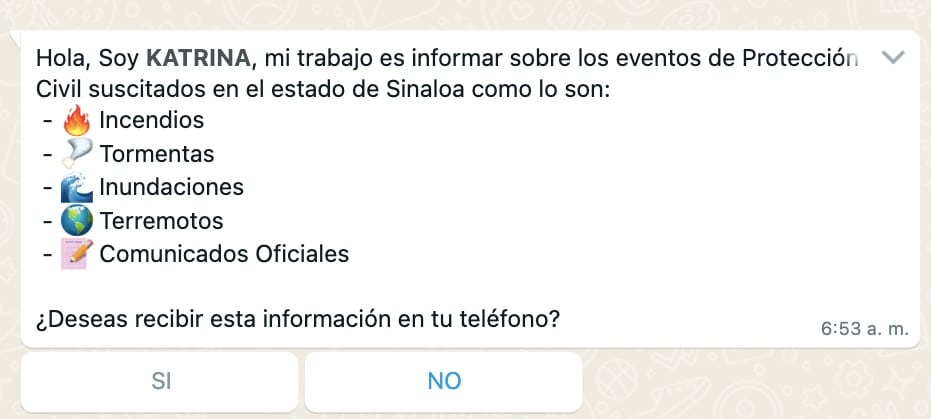 Conversación de WhatsApp del bot Katrina