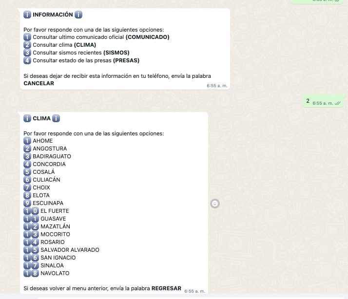 Conversación de WhatsApp del bot Katrina