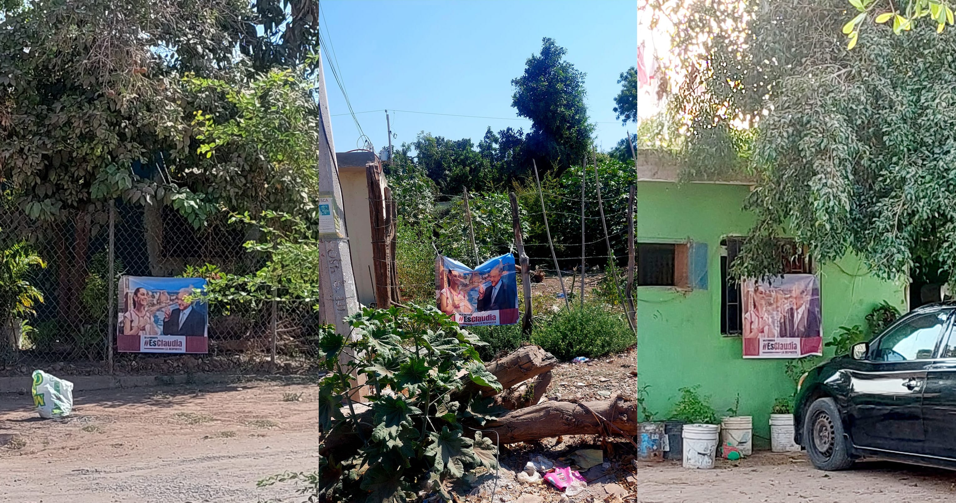 Lonas colgadas en cercas y casas sobre publicidad política en favor de Claudia Sheinbaum