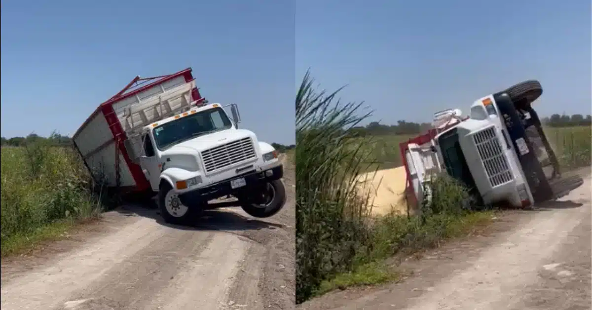 En la imagen de la izquierda se aprecia un torton a punto de volcarse y en la imagen de la derecha es el mismo vehículo ya volcado