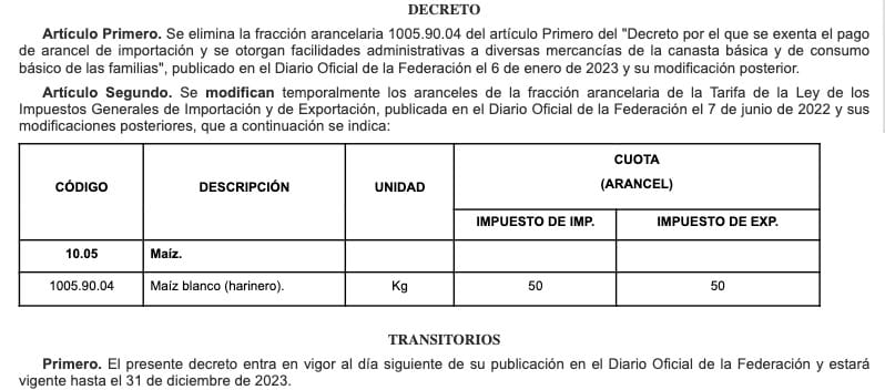 Publicación en el Diario Oficial de la Federación, con el que entra en vigor el impuesto del 50% a la importación de maíz blanco 