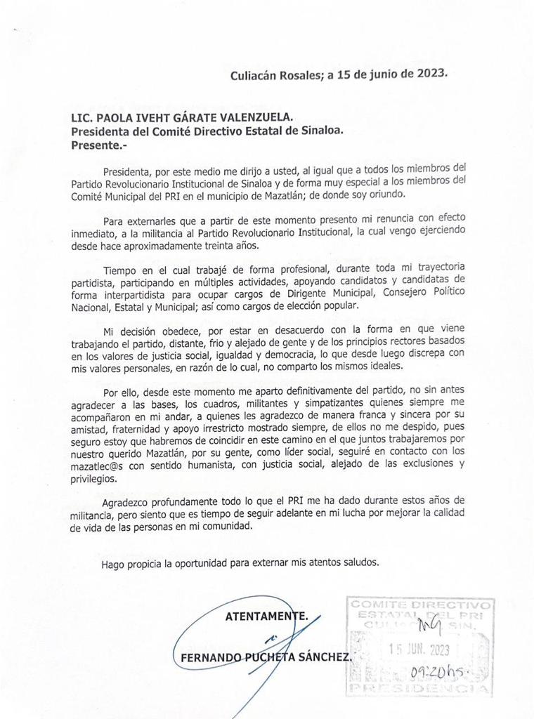 Renuncia de Fernando Pucheta Sánchez