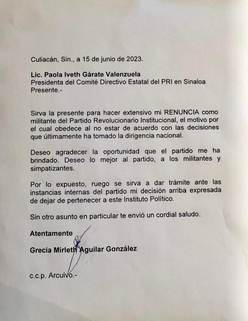 Renuncia de Grecia Mirleth Aguilar González