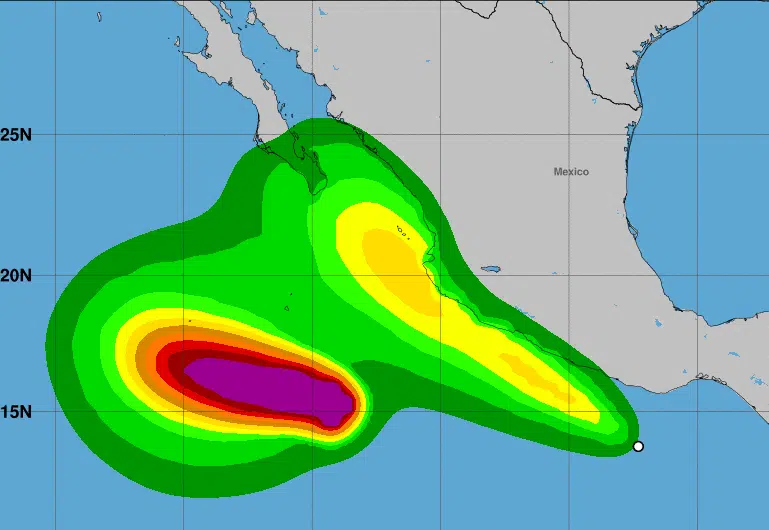 En la imagen se observan los dos sistemas tropicales activos en el Pacífico