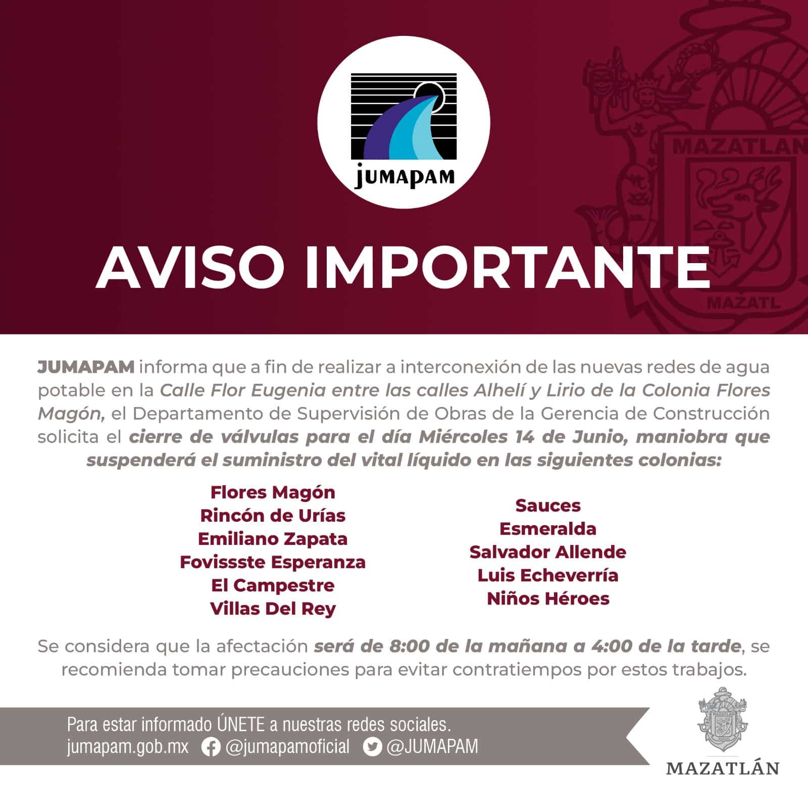 el Departamento de Supervisión de Obras de la Gerencia de Construcción de la Jumapam solicitó un cierre de válvulas