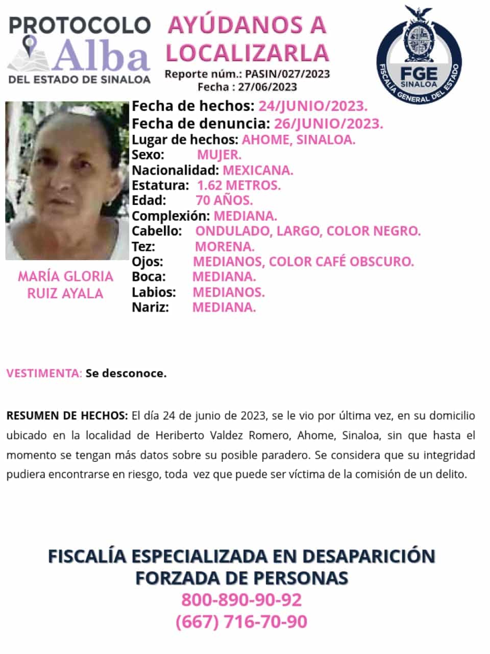 ¡Desapareció! Doña María estaba en su casa cuando fue vista por última vez, en el municipio de Ahome 