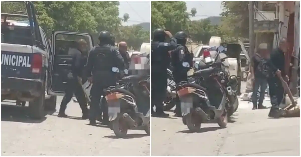 En redes se divulgó un video donde motociclistas agreden a policías y uno de los agentes empuña una tabla