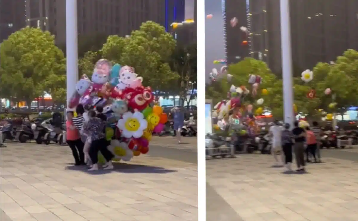 ¡Mala suerte! Vendedora de globos pierde su mercancía tras fuertes ráfagas de aire