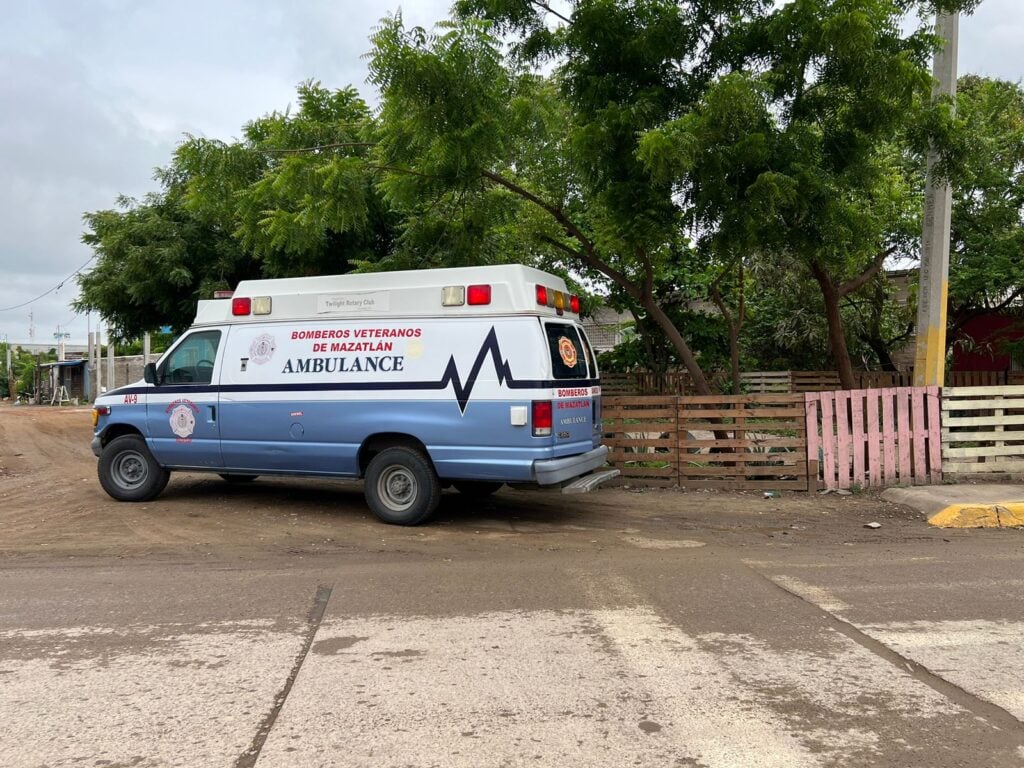 Una ambulancia estacionada, árboles y tarimas