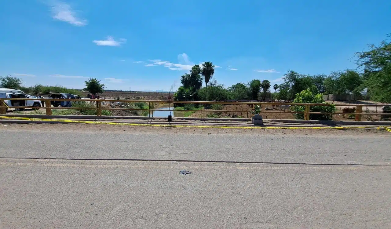 Un área delimitada con cinta amarilla, un canal con agua, un puente, árboles, palmeras y carros al fondo