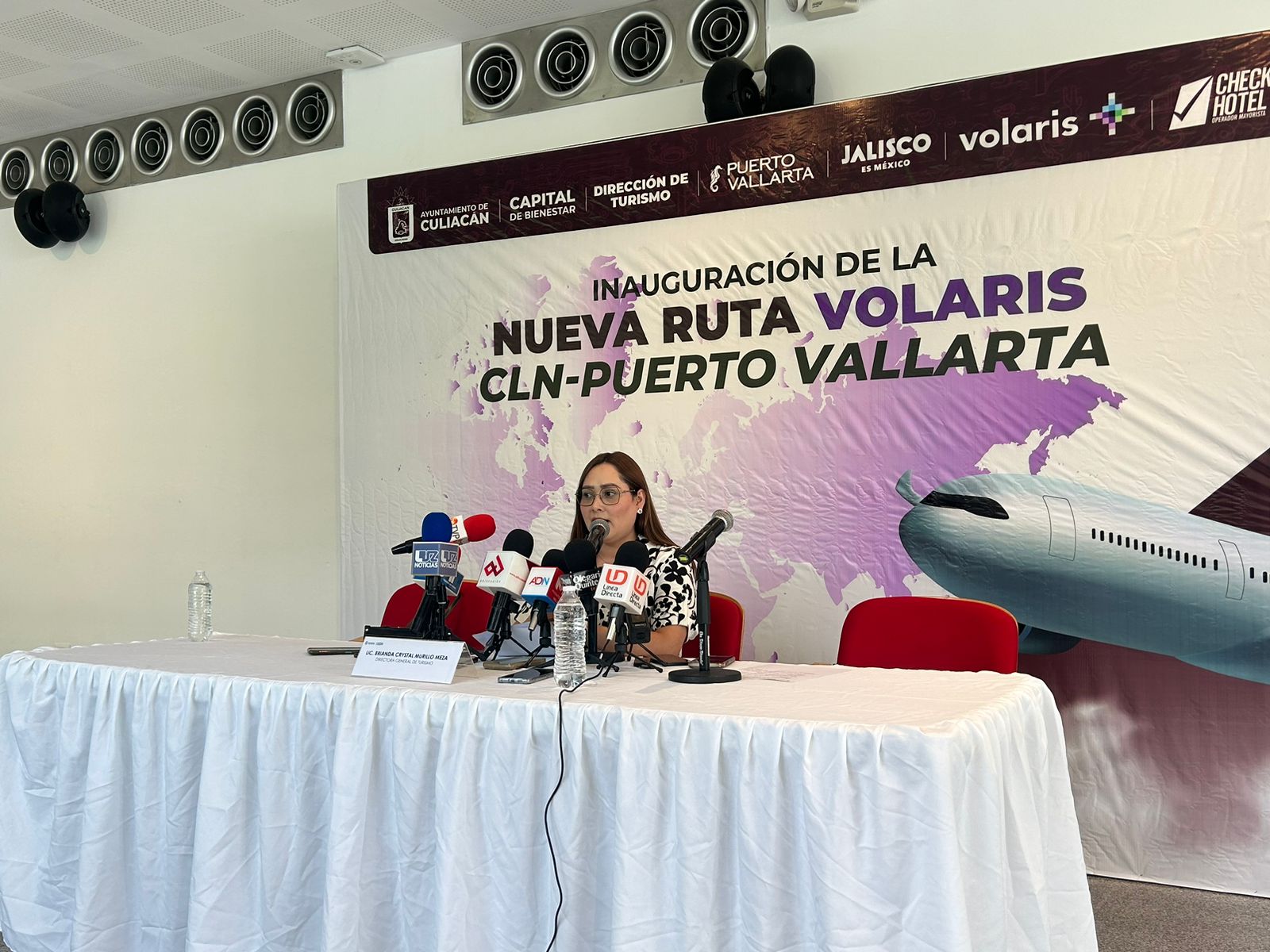 Una persona sentada, una mesa con mantel blanco, micrófonos de medios de comunicación y una lona atrás en el que está plasmado un avión y letras