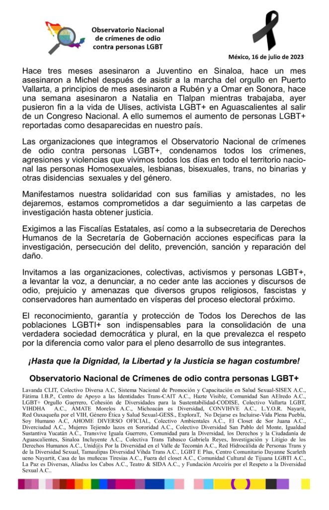 No olvida a Juventino, piden a autoridades esclarezcan casos por homicidio a comunidad LGBT+.