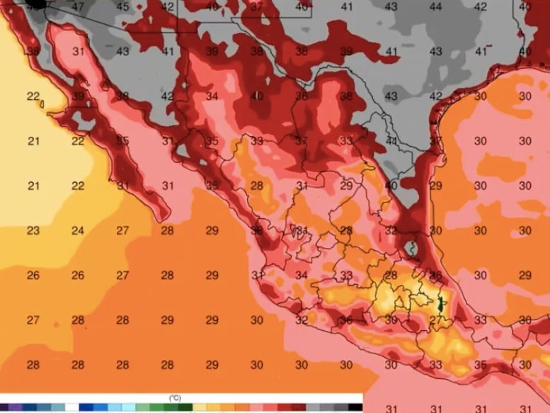 Mapa de la República Mexicana de color rojo, amarillo, anaranjado, rosa y gris