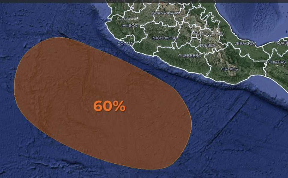 Una parte del mapa de la República Mexicana y un ovalo que marca una zona de inestabilidad