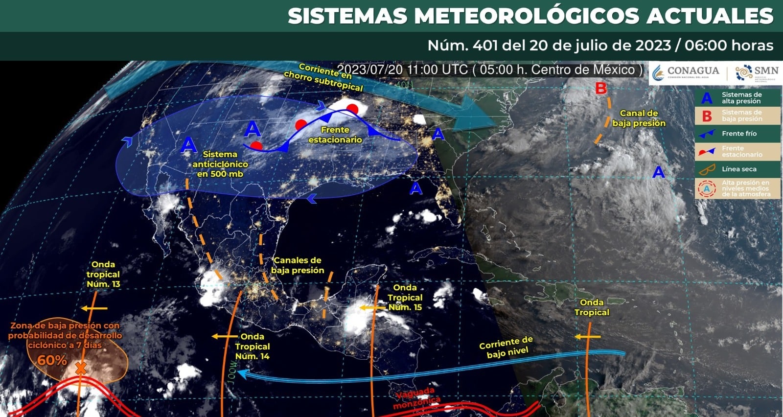 Mapa del Servicio Meteorológico Nacional con sistemas activos