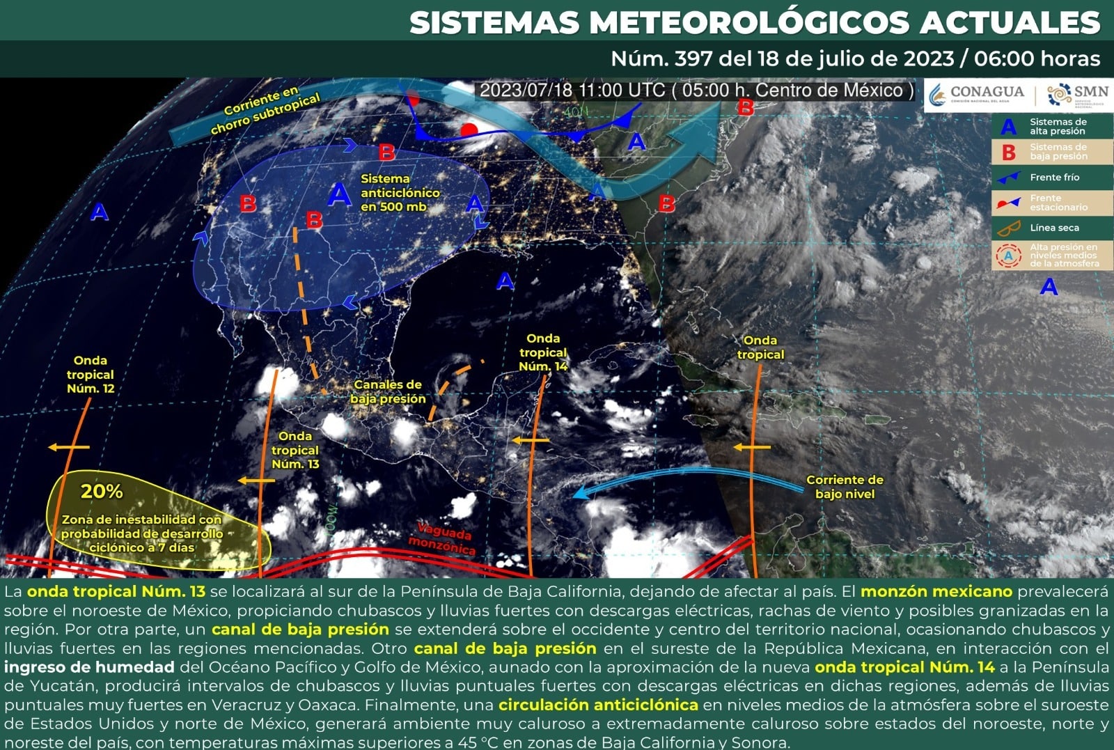 Mapa del Servicio Meteorológico Nacional con sistemas activos