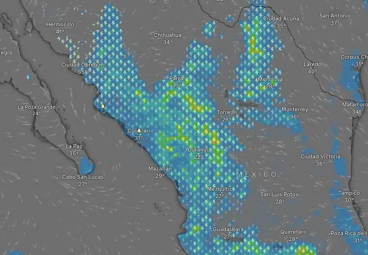 Mapa de México con un poco de color azul que muestra las lluvias