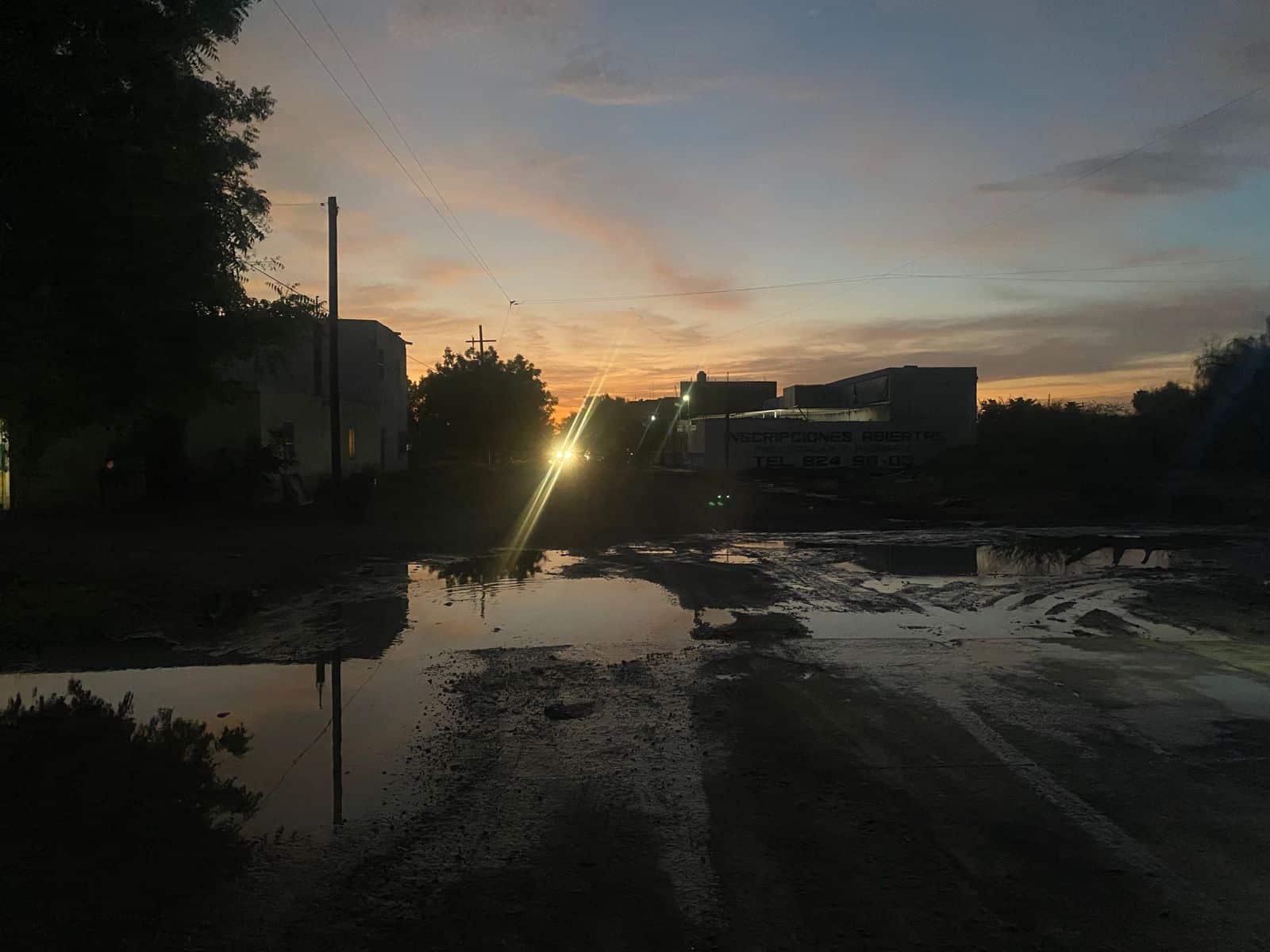 Agua, luces, lodo, paredes y árboles