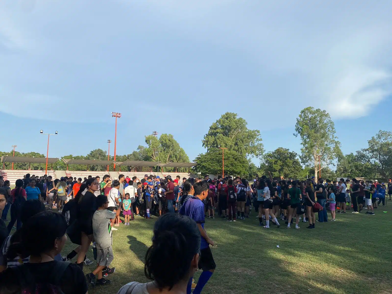 Personas en una cancha con césped, bancas y árboles al fondo