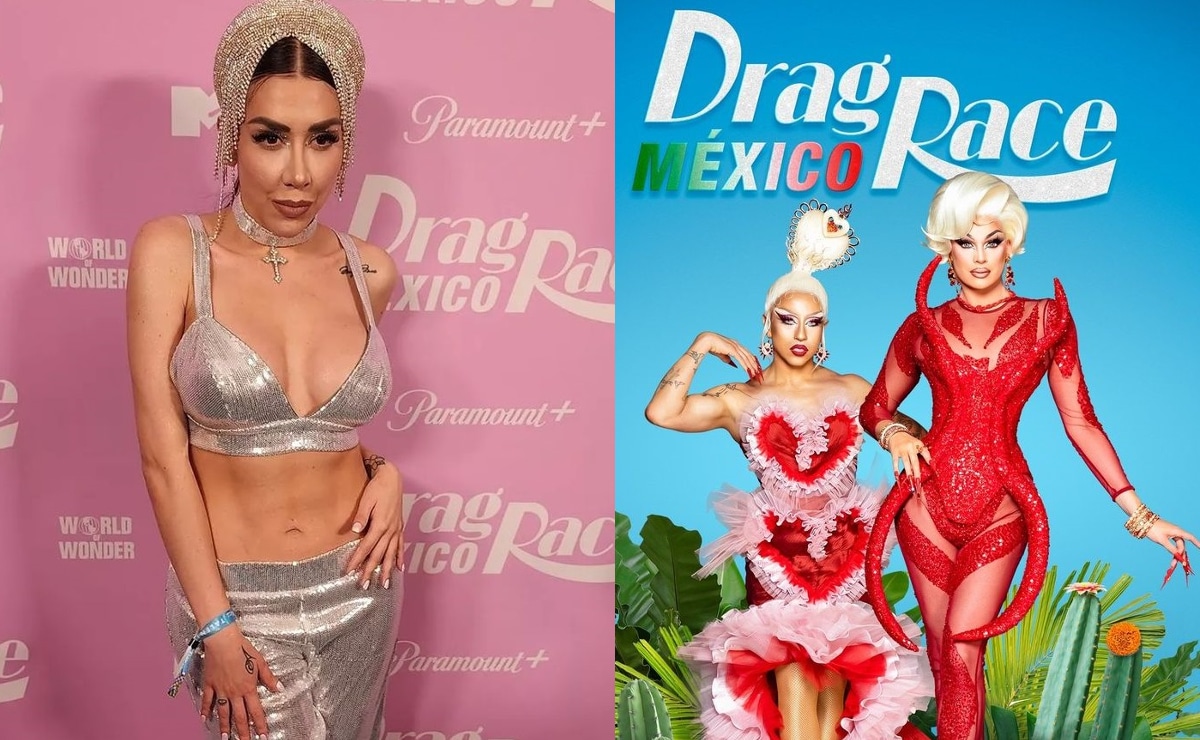 Karime Pindter durante el estreno de Drag Race México y una imagen publicitaria del popular concurso