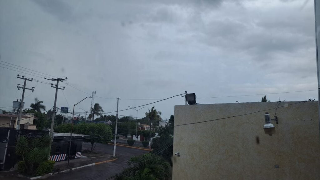 Cielo nublado, casas, árboles, palmeras, postes y cables