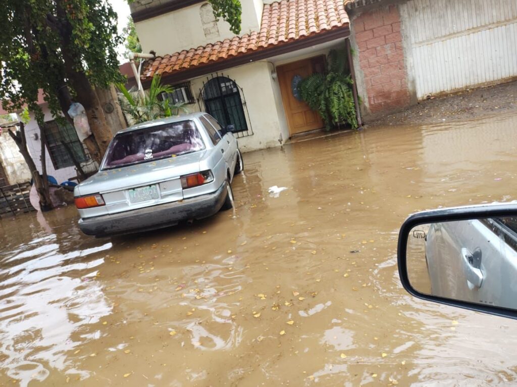 Calle inundada, casas, árboles, un carro estacionado y el retrovisor de otro