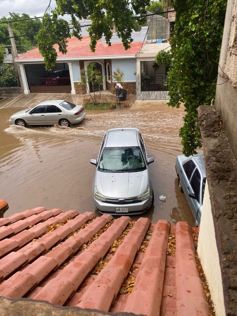 Calle inundada, casas, árboles, un carro estacionado y uno transitando