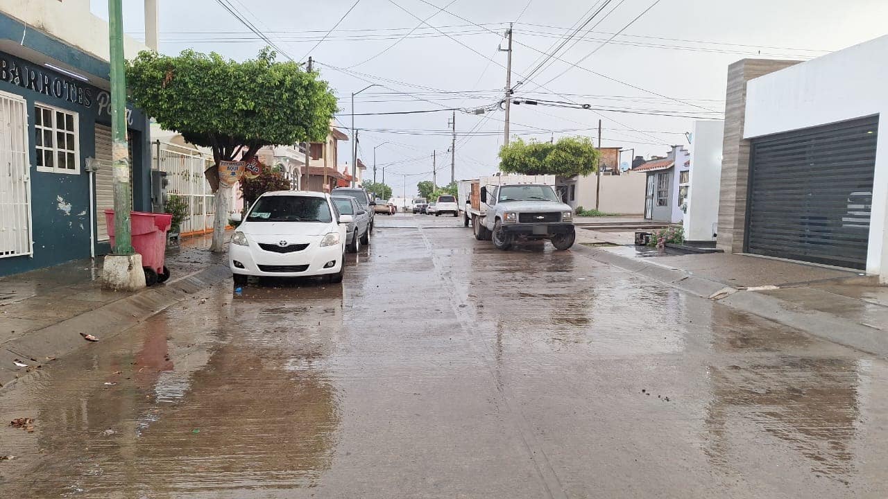 Pavimento de la calle y banqueta mojado, cielo nublado, cables, casas, árboles y carros estacionados