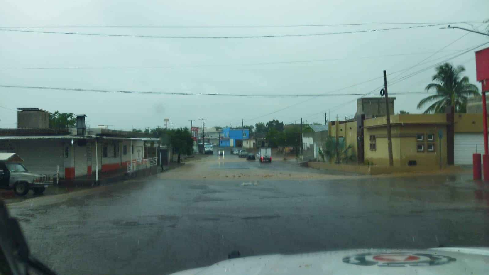 Lluvia ligera, carros, encharcamiento de agua, casas, árboles y palmeras