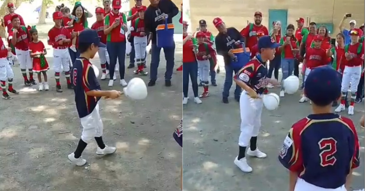 Niños beisbolistas japoneses bailando la danza del venado con sonajas