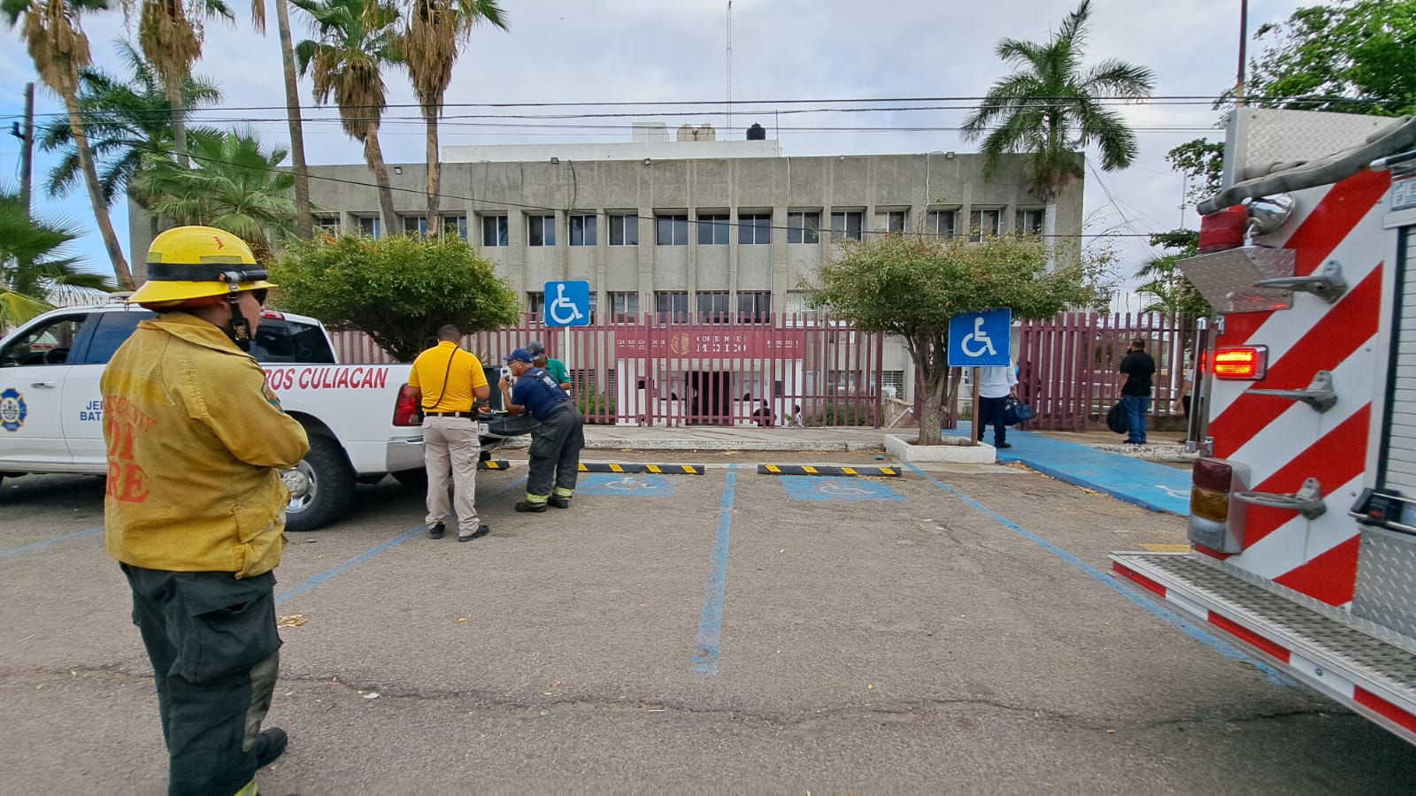 Una camioneta con la cajuela abierta y 3 personas en ella estacionada en la calle, una más parada, la parte trasera de una camión y un edificio al fondo
