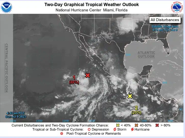 Imagen de satélite que muestra los dos sistemas activos en el Pacífico Mexicano que se han negado a dar el siguiente paso a ciclón: Foto: NHC