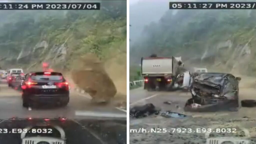 Enorme roca se desprende de un cerro en India y aplasta coches