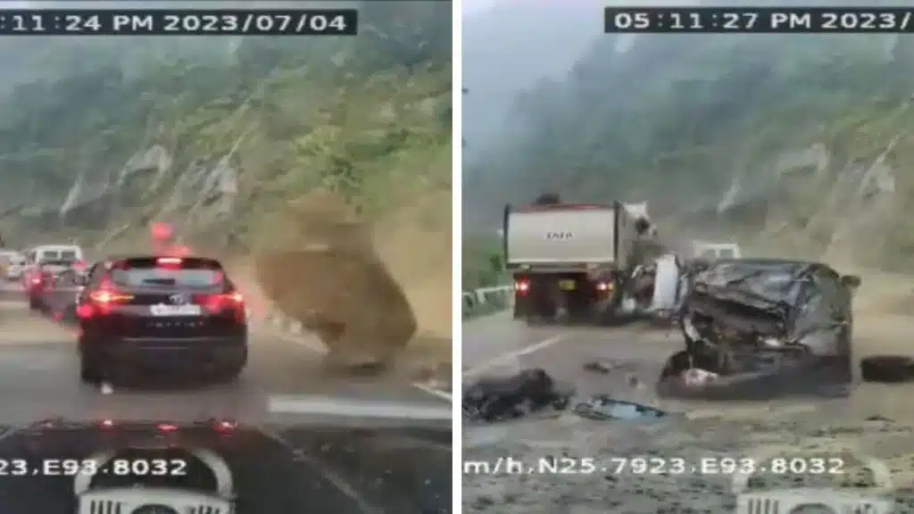 Enorme roca se desprende de un cerro en India y aplasta coches