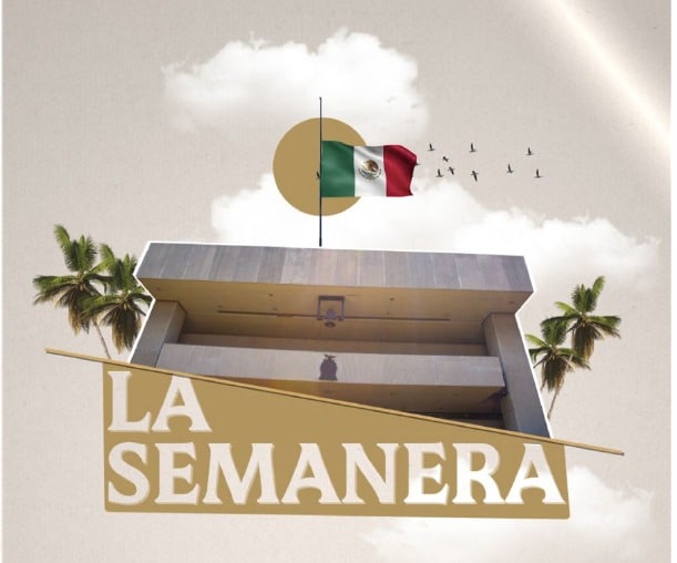 Bandera de México arriba de un edificio, pájaros volado, nubes y palmeras, letras