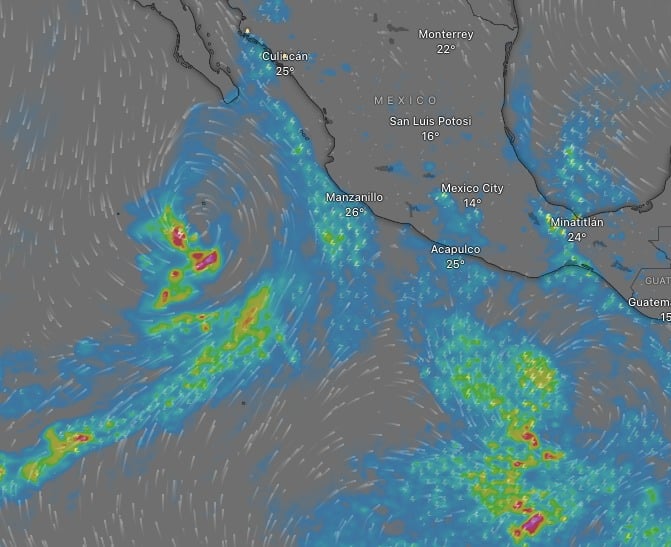 Simulación del servicio Windy sobre los sistemas actualmente en vigilancia en el Pacífico Mexicano.