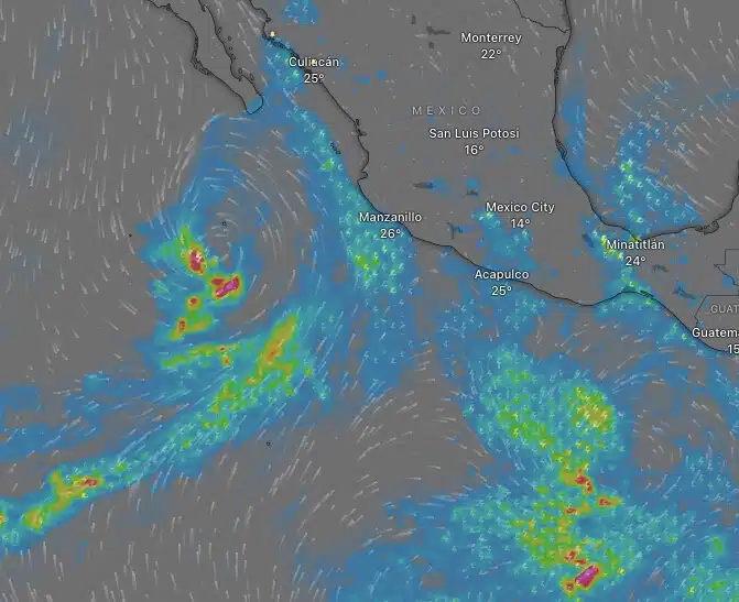 Simulación del servicio Windy sobre los sistemas actualmente en vigilancia en el Pacífico Mexicano.