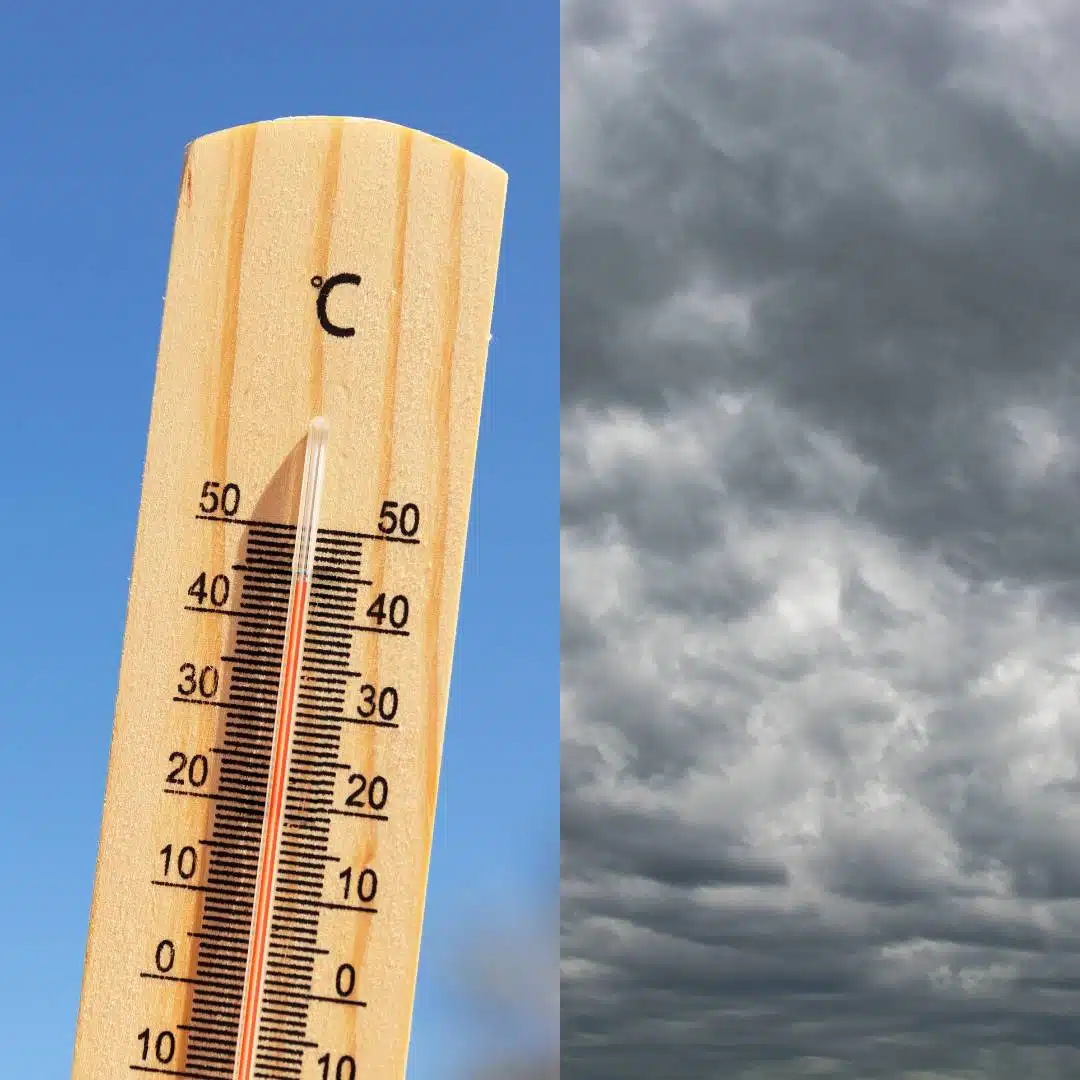 A la izquierda, termómetro marcando 40 grados centígrados. A la derecha nubes oscuras.