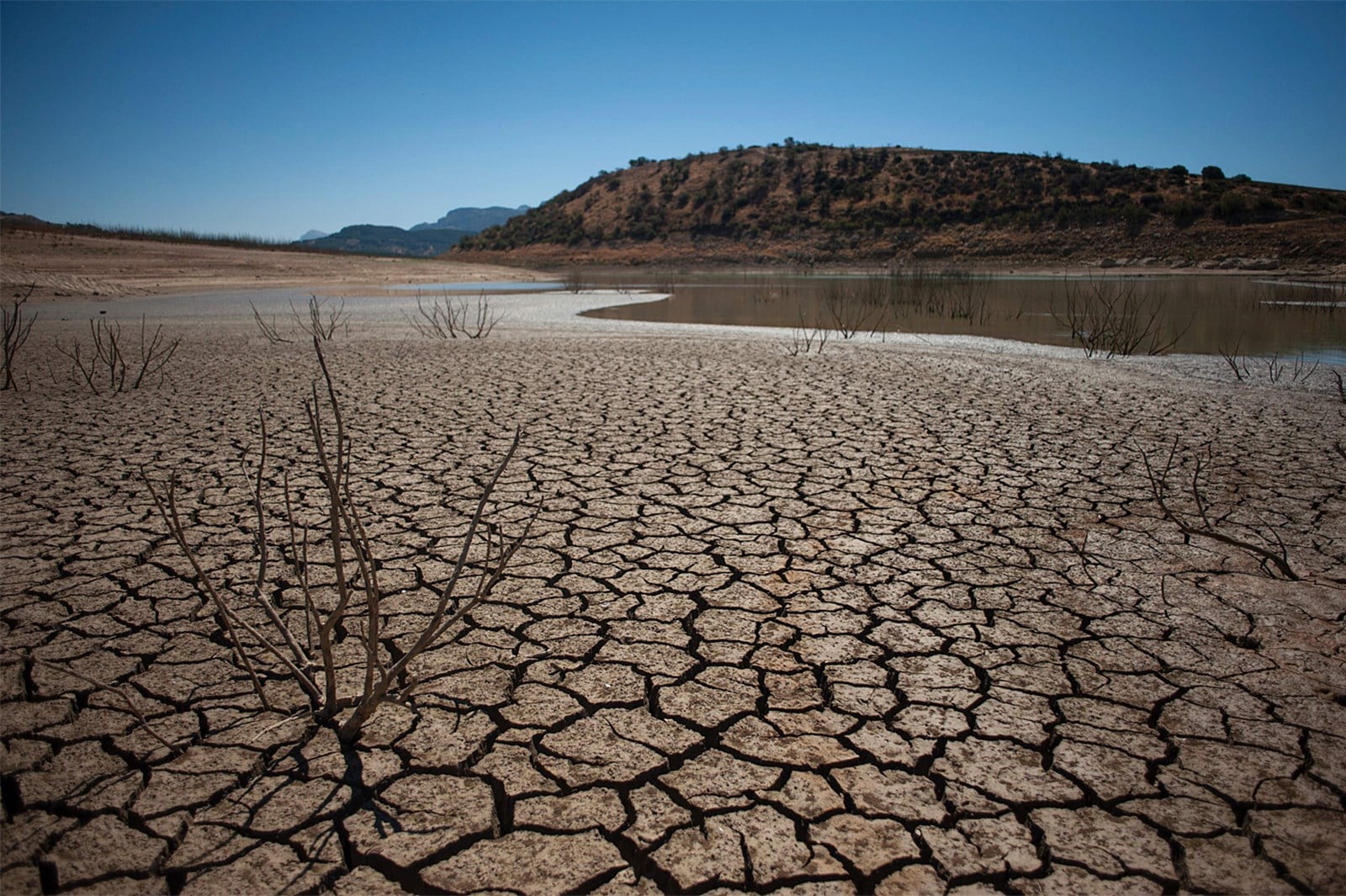 Suelo árido agrietado por la sequía en una zona montañosa en la sierra bajo un día cálido y soleado