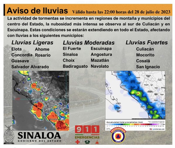 *Foto 1: Pronóstico de lluvias de Protección Civil para Sinaloa durante la tarde noche de este viernes 28 de julio.