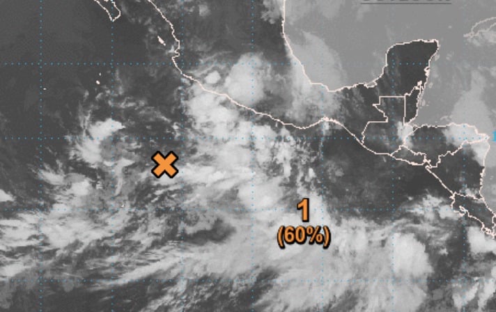 Una parte del mapa de la República Mexicana (sur), unos países, una tacha en la zona del mar y un 1 con un (60%)