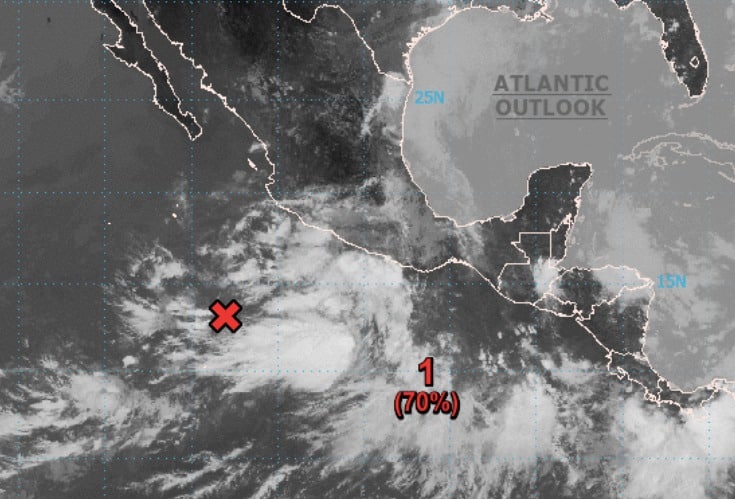 Parte del mapa de la República Mexicana, unos países, una tacha en la zona del mar y un 1 con un (70%)
