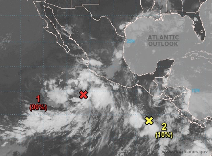 Mapa de la República Mexicana, unos países, una tacha en la zona del mar color roja y otra color amarilla, un 1 con un (90%) color rojo y un 2 con un (10%) color amarillo