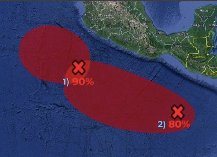 Una parte del mapa de la República Mexicana, a un lado dos óvalos de color rojo con dos tachas adentro del mismo color, con números 1) 90% y 2) 80%