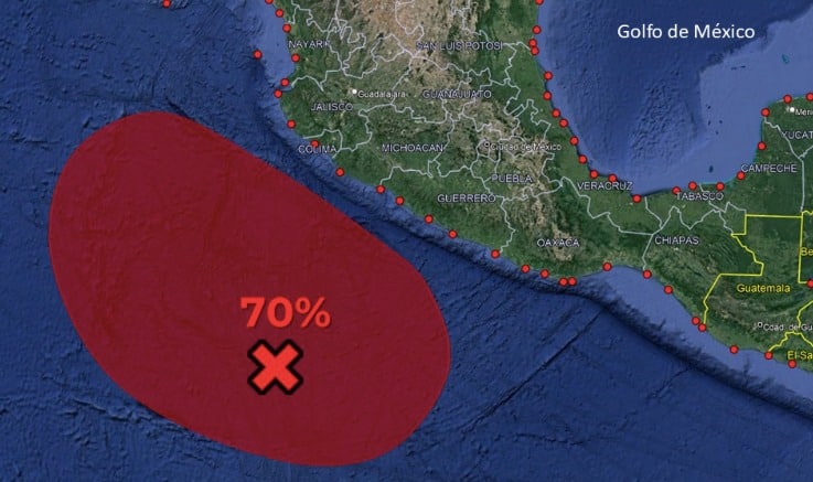 Una parte del mapa de la República Mexicana y a un lado un ovalo de color rojo con una tacha y un 70%